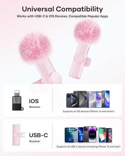 Wireless Microphone for iPhone iPad and Android Phone, 2 Pack Wireless Lavalier Lapel Mic with Noise Reduction, Plug and Play Mini Microphone for Video Recording Interview YouTube TikTok Vlog (Pink)