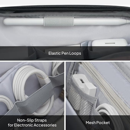 TOPEAST Quilted Cable Organizer Bag, Soft Tech Pouch & Travel Electronics Case with Elastic Pen Loop, Tangle-Free Cord Organizer for Women, Office Desk, AirPods, Chargers & Accessories, Black
