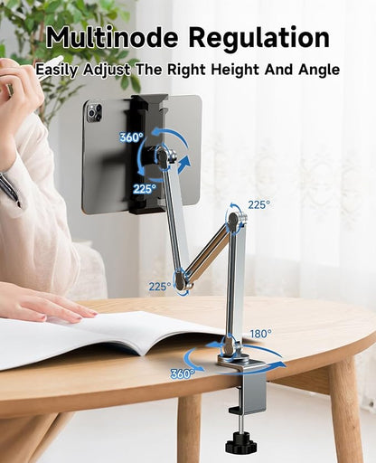 Tablet Arm Mount with Super Grip, Adjustable Foldable Holder & Heavy Duty Aluminum 360° Rotating Clamp for iPad, Phone, Monitor, Kindle - Universal for Desk, Bed, Kitchen - Space Grey