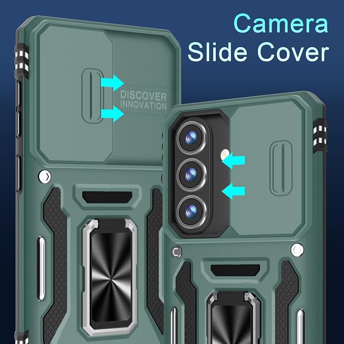 DEERLAMN Case for Samsung Galaxy S26+ Plus 6.7-Inch with Slide Camera Cover+Screen Protector(1 Pack), Rotated Ring Kickstand Military Grade Shockproof Protective Cover-Green