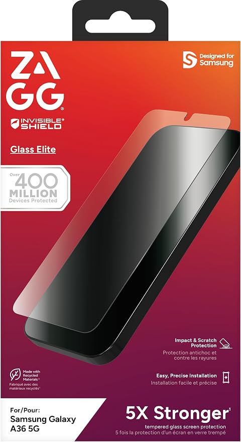 ZAGG Glass Elite Samsung Galaxy A36 5G Screen Protector – Ultra-Strong Tempered Glass, Scratch-Resistant, EZ Apply Installation, InvisibleShield, Made with Recycled Materials