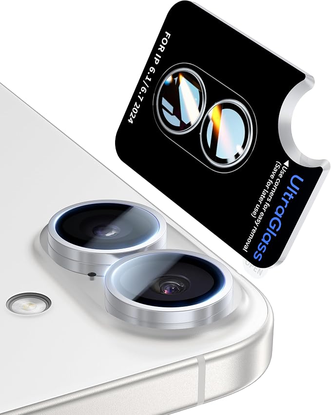 UltraGlass UNBREAK TOP 9H+ Glass for iPhone 16 Camera Lens Protector [Military Grade Shatterproof & Longest Durable] Camera Protector 16/16 Plus Tempered Glass Easy Install, White Titanium