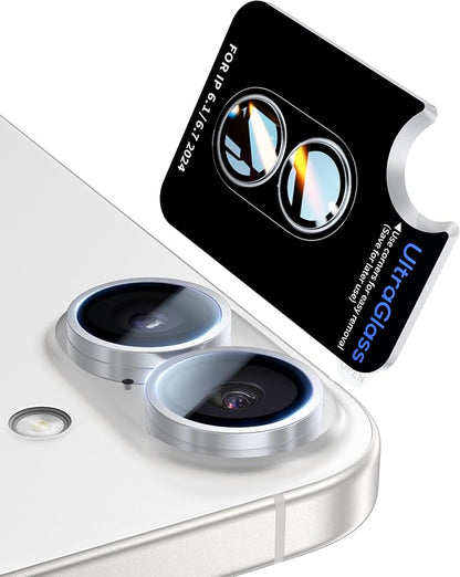 UltraGlass UNBREAK TOP 9H+ Glass for iPhone 16 Camera Lens Protector [Military Grade Shatterproof & Longest Durable] Camera Protector 16/16 Plus Tempered Glass Easy Install, White Titanium