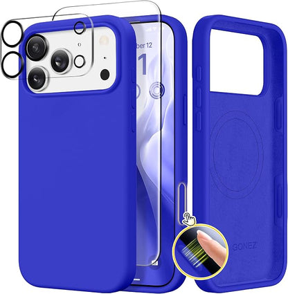 GONEZ Magnetic for iPhone 17 Pro Max Case, Compatible with MagSafe, [Screen Protector + Camera Lens Protector], Liquid Silicone Anti-Scratch Shockproof Protective Phone Case 6.9 inch, Cobalt Blue