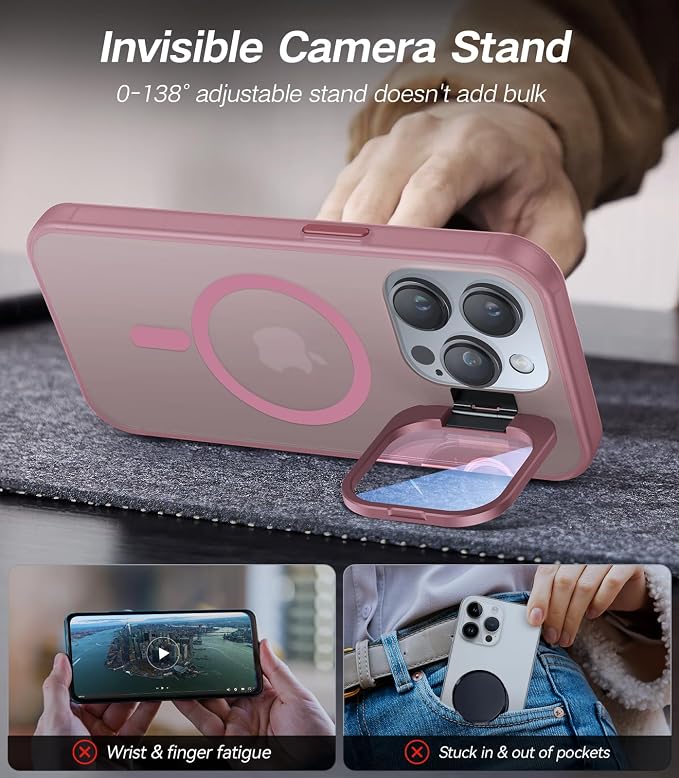 for iPhone 13 Pro Max Case with Camera Cover Stand [Built-in 9H Camera Lens Protector][Fit for Magsafe] Military Grade Shockproof Translucent Matte Magnetic Phone Case 6.7",Pink