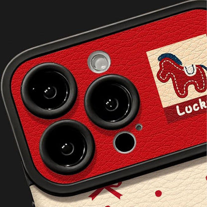 2026 Embroidered Pony Lanyard New Year Phone Case, Year of The Horse Anti-Drop Armor Leather Texture Case (Red,14promax)