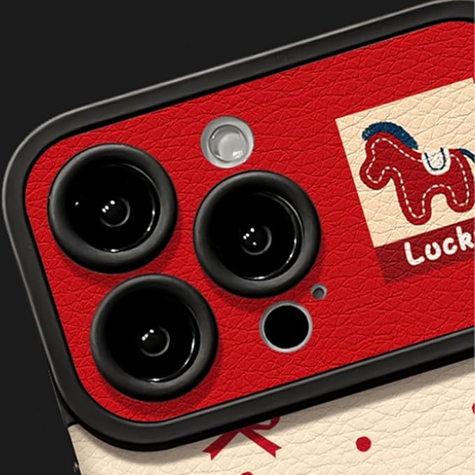 2026 Embroidered Pony Lanyard New Year Phone Case, Year of The Horse Anti-Drop Armor Leather Texture Case (Red,15)
