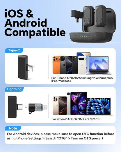 Wireless Lavalier Microphone for iPhone/Android Phone/Laptop/PC, Mini Lapel Mic with 50H Battery Life Charging Case, 100FT Range and Noise Reduction, for Video Recording, Streaming, TikTok