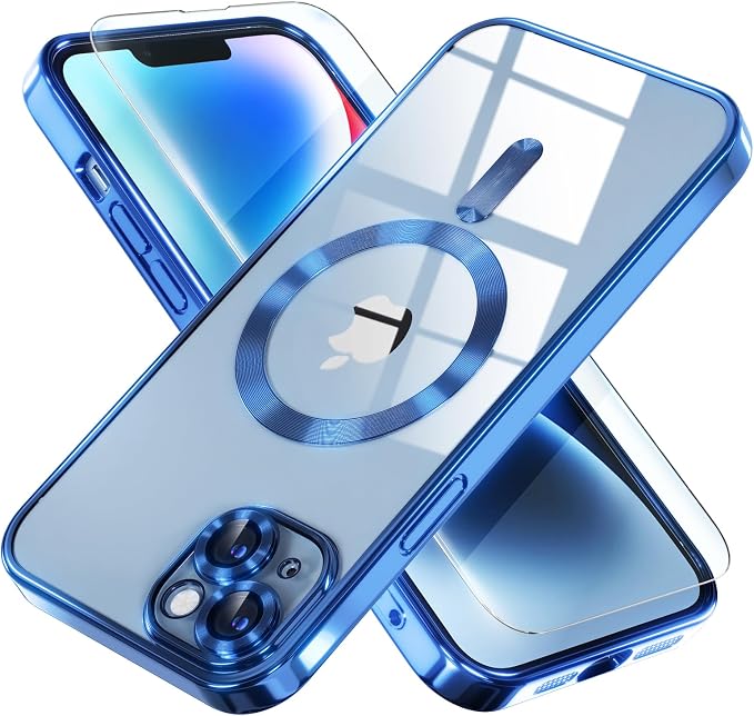 Misea Magnetic for iPhone 14 Case Compatible with MagSafe [Never Yellowing] [Military Grade Drop Protection] Full Camera Lens Protector Plating Soft Clear Phone Case for Women Girls, Blue