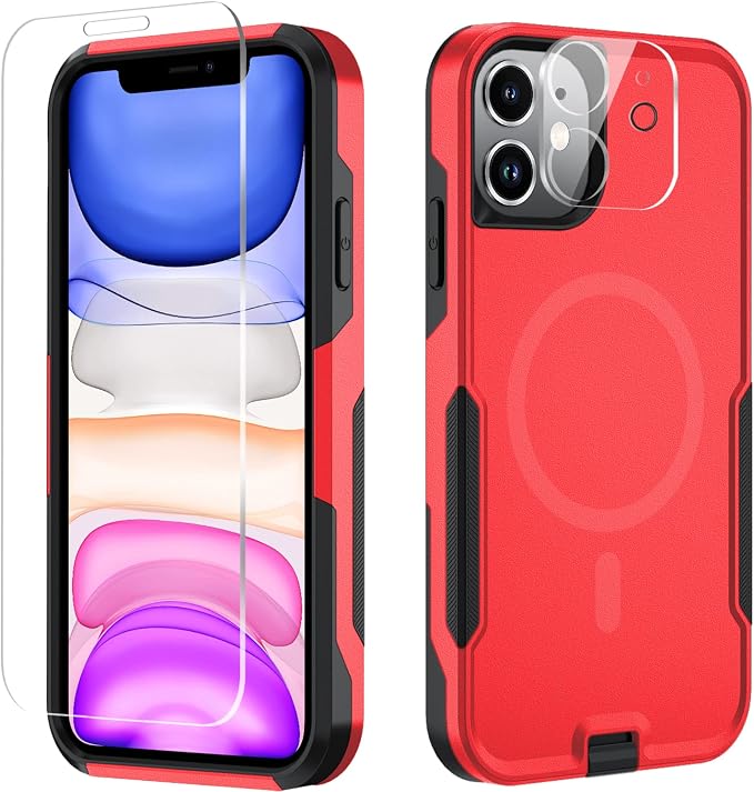 Xmon iPhone 11 Magnetic Case [MIL-Grade Drop Tested & Compatible with MagSafe] Tempered Glass Screen Protector with Camera Lens Protector Phone Case Cover for Apple iPhone 11 (Magnetic Red)