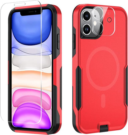 Xmon iPhone 11 Magnetic Case [MIL-Grade Drop Tested & Compatible with MagSafe] Tempered Glass Screen Protector with Camera Lens Protector Phone Case Cover for Apple iPhone 11 (Magnetic Red)