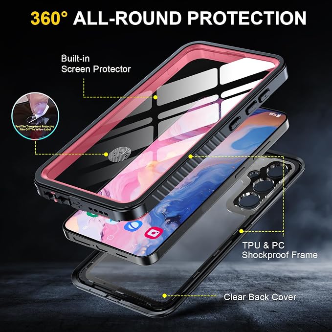 for Samsung Galaxy S24 Case, IP68 Waterproof with [Built-in Screen/Camera Protector] [14FT Military Shockproof] Full Body Heavy Duty Protective Sealed Case for Galaxy S24 5G, Pink