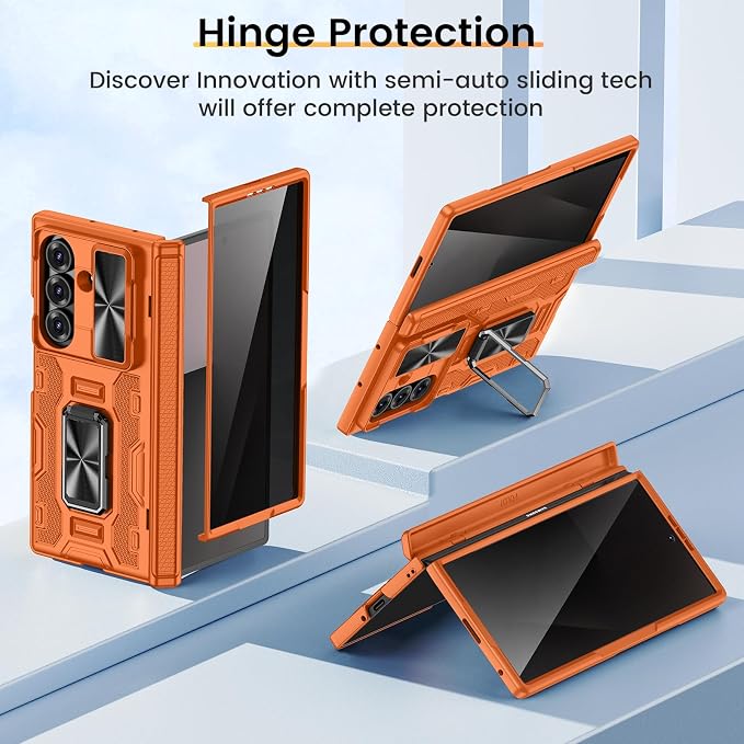 VEGO for Samsung Z Fold 7 Case Built-in Privacy Screen Protector, Orange | with Adjustable Kickstand & Slide Camera Cover[Hinge Cover]Full Body Shockproof Case for Samsung Galaxy Z Fold 7
