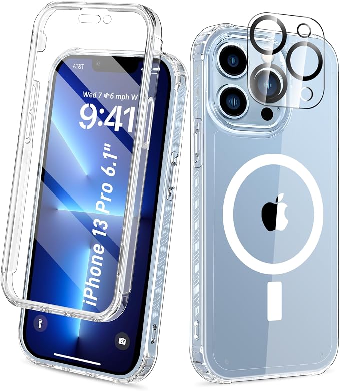 Compatible with iPhone 13 Pro Case Clear, Built-in Screen Protector, with Camera Lens Protector, [Compatible with MagSafe] Full Body Phone Case, Magnetic Protective Cover for 13Pro 6.1" (Clear)