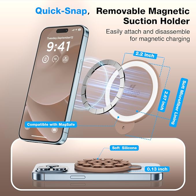 Magnetic Suction Cup Phone Mount with MagSafe, Silicone Hands-Free Grip Holder for iPhone Case and Android, Mirror Shower Phone Stand for Makeup FaceTime Gym Kitchen Bathroom, Light Brown