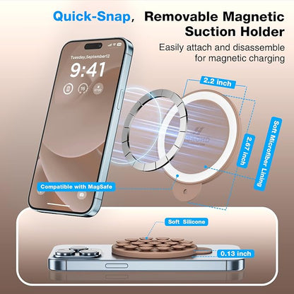 Magnetic Suction Cup Phone Mount with MagSafe, Silicone Hands-Free Grip Holder for iPhone Case and Android, Mirror Shower Phone Stand for Makeup FaceTime Gym Kitchen Bathroom, Light Brown