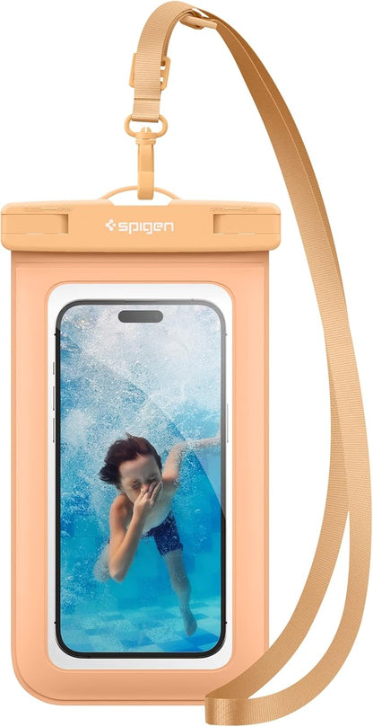 Spigen AquaShield Universal Waterproof Phone Pouch, Waterproof Phone Case, PVC Protective Dry Bag Cases with IPX8 A601 Compatible with iPhone, Galaxy, Google (Pack of 1) - Transparent Apricot