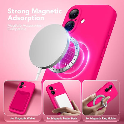 Magnetic for iPhone 17 Case, Compatible with MagSafe, [Full Camera Protection][Screen Protector] Silicone Shockproof Protective Phone Case for iPhone 17 6.3", Hot Pink