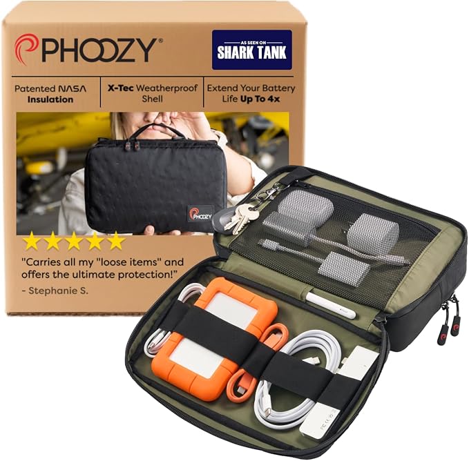 PHOOZY Tech Pouch and Cable Organizer Bag for Travel - NASA Inspired Thermal Protection with Dual Compartment Design - Weatherproof Electronics Organizer (BLACK)
