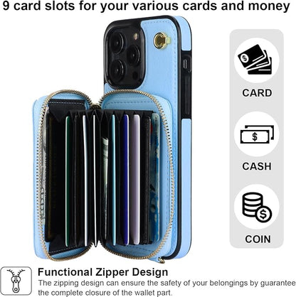 Bocasal Crossbody Wallet Case for iPhone 14 Pro Max, RFID Blocking Leather Purse Case with Card Holder, Protective Handbag Flip Cover with Zipper Wrist Strap Lanyard for Women 5G 6.7 Inch (Blue)