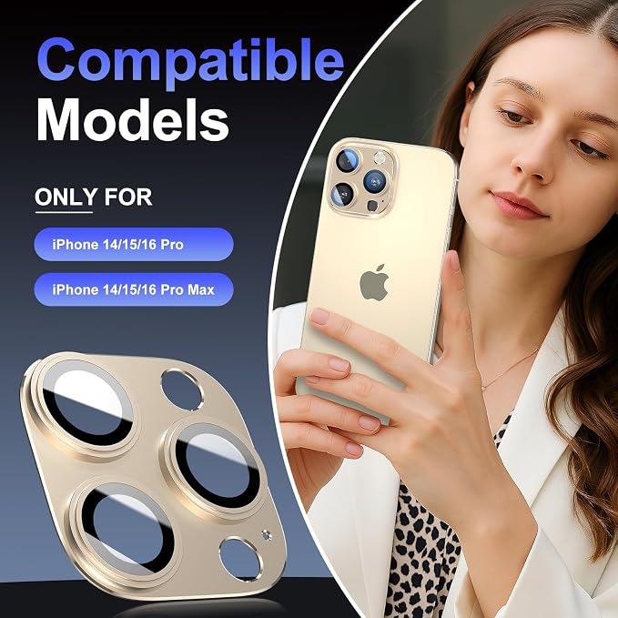 Camera Lens Protector for iPhone 14/15/16 Pro & Pro Max, Tempered Glass Camera Cover Lens Aluminum Alloy Metal matte Case, for iphone 15 pro max camera lens protector, Gold