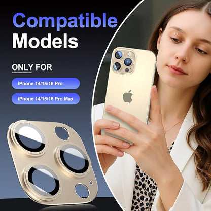 Camera Lens Protector for iPhone 14/15/16 Pro & Pro Max, Tempered Glass Camera Cover Lens Aluminum Alloy Metal matte Case, for iphone 15 pro max camera lens protector, Gold