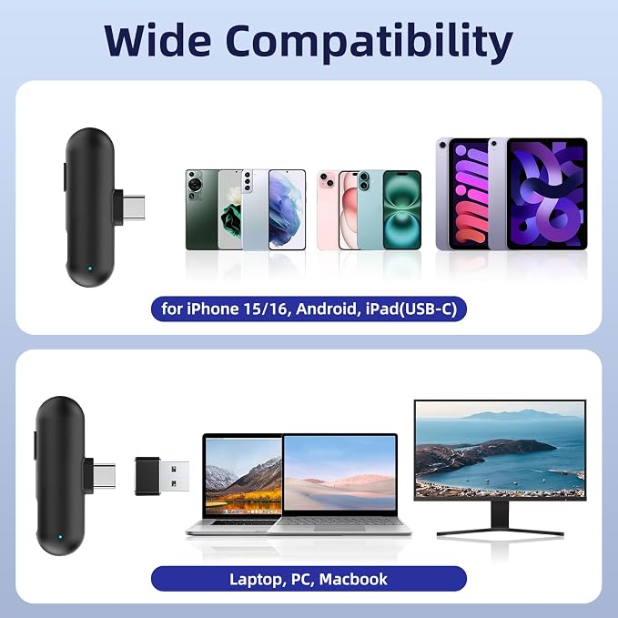 Mini Wireless USB Microphone for PC Laptop Computer iPhone 17/16/15 Android - Ai Noise Canceling Lavalier Lapel Microphones USB C Clip on Mic with 35H Charging Case for Podcast Youtube Streaming