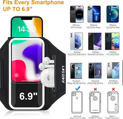 Phone Armband for Running 3D Design Cell Phone Armband with Zipper Pocket for Earbuds Car Keys, Water Resistant Sport Arm Band for iPhone 14 13 12 11 Pro Galaxy S20 S30 Fit Up to 6.9'' with Phone Case