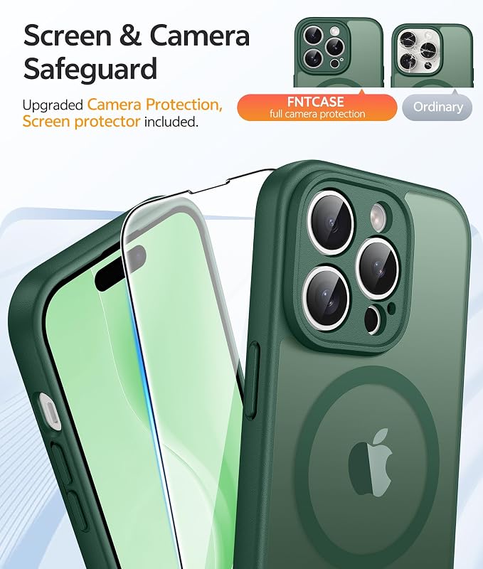 FNTCASE for iPhone 14 Pro Max Case: [Compatible with Magsafe] Translucent Matte Cases with [Full Camera Protection] [Screen Protector] Military Grade Shockproof Protective Phone Cover - Green