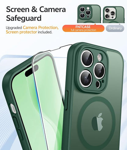 FNTCASE for iPhone 15 Pro Max Case: [Compatible with Magsafe] Translucent Matte Cases with [Full Camera Protection] [Screen Protector] Military Grade Shockproof Protective Phone Cover - Green