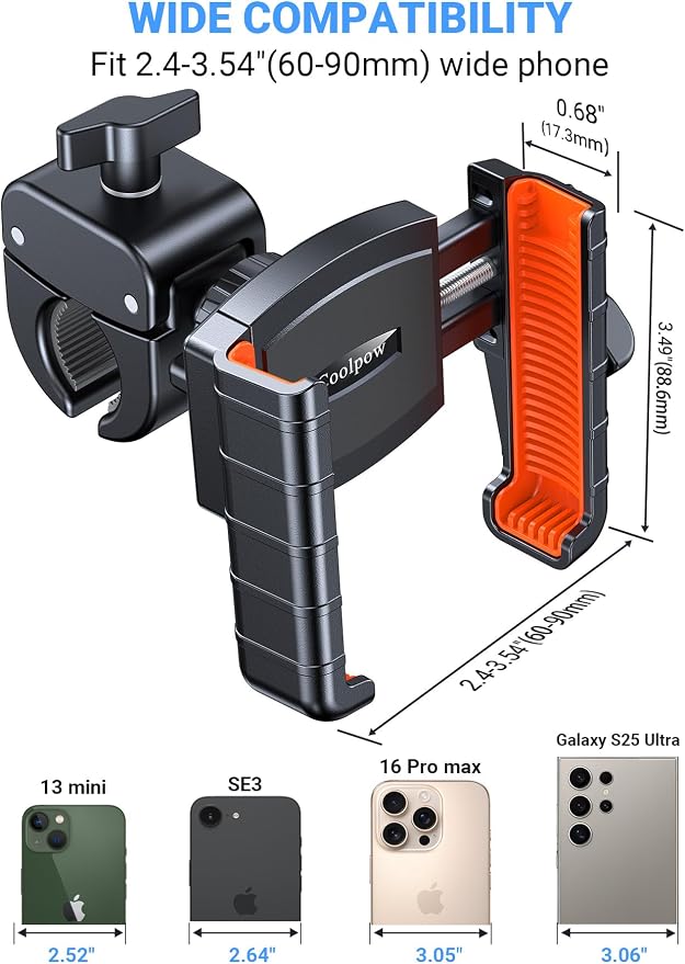 Coolpow Bike Phone Holder for Bike【Camera Friendly】 Ultra Stable Motorcycle Phone Mount【1s Lock】 Bike Cell Phone Holder Clamp for iPhone 17 Pro Max 16 15 14, All 4.7-7" Smartphones