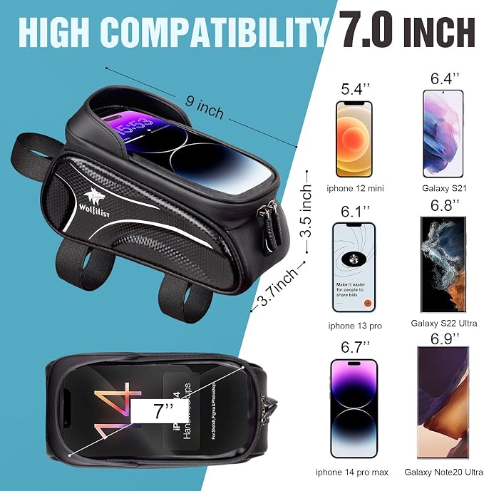 WOLFILIST Bike Bag - Waterproof Bike Frame Bag with Sun-Visor Rain Cover, Bike Phone Holder with TPU Sensitive Touch Screen, Handlebar Bag Bicycle Accessories, Large Capacity Suitable Phone Under 7"