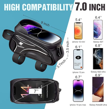WOLFILIST Bike Bag - Waterproof Bike Frame Bag with Sun-Visor Rain Cover, Bike Phone Holder with TPU Sensitive Touch Screen, Handlebar Bag Bicycle Accessories, Large Capacity Suitable Phone Under 7"