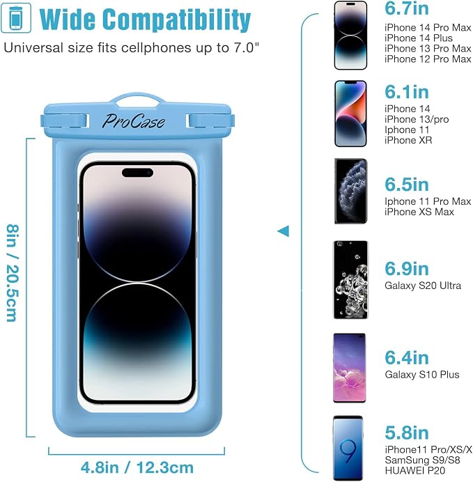 ProCase 2 Pack Floating Waterproof Phone Pouch IPX8, Universal Dry Bag Fits iPhone 17/16/15/14/13 Series, Galaxy S24/S23/S22, Pixel 8/7 (Up to 7”),Touchscreen,Underwater & Snow Protection-Bluegreen