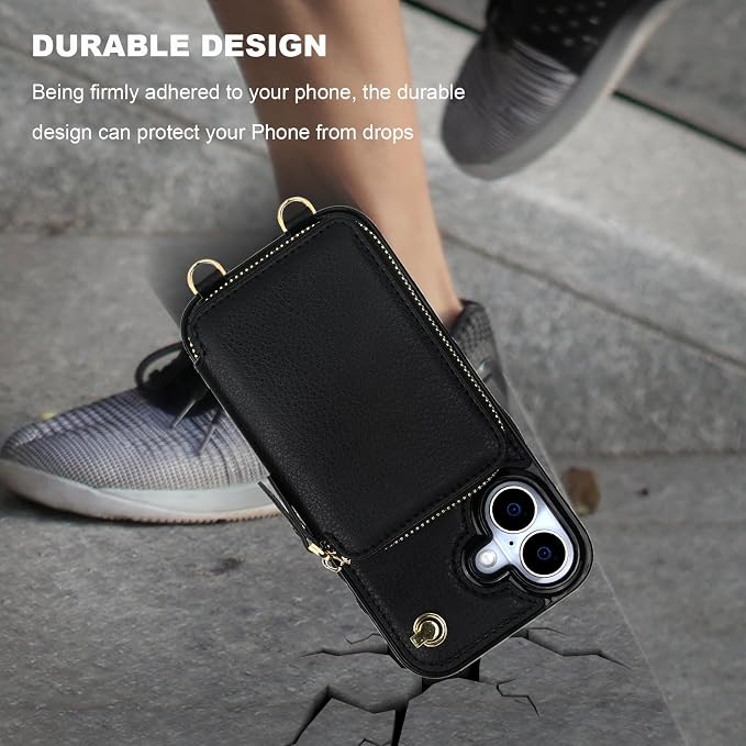 Bocasal for MagSafe Crossbody Wallet Case Compatible with iPhone 17, RFID Blocking Protective Purse Case with Card Slots Holder Kickstand Wrist Strap Lanyard Zipper 6.3 Inch 5G (Black)