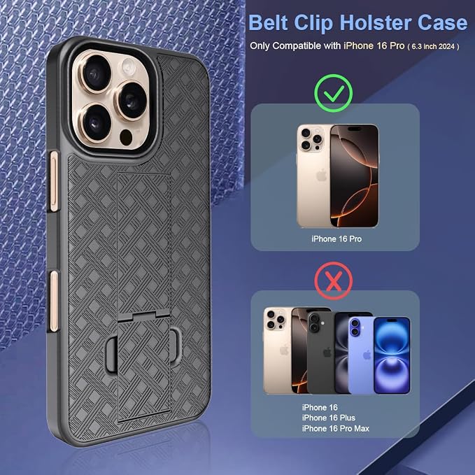 Fingic for iPhone 16 Pro Case with Belt Clip Holster Case Slim Combo Shell with Kickstand Swivel Holster Rugged Shockproof Antiscratch Full Body Protective Case for iPhone 16 Pro,6.3 inch,2024,Black