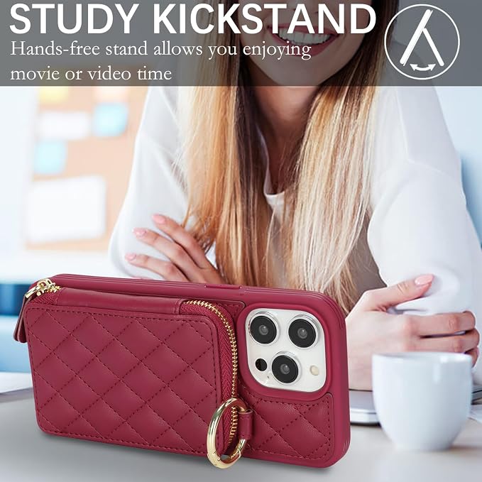 Crossbody Wallet Case for iPhone 14 Pro Max, PU Leather Zipper Handbag Purse Flip Cover, Kickstand Folio Case with Card Slots Holder Wrist Strap Lanyard 5G 6.7 Inch-Dark red
