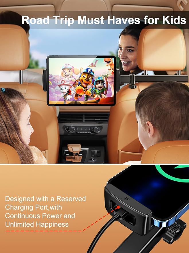Car Tablet Headrest Holder,[3 in 1 Long Arm] iPad Car Mount for Back Seat,Car Accessories Backseat Road Trip Essentials for Kids Baby,For 4-12.9"Devices,iPad Pro,Air,Mini,Galaxy,Switch,Fire HD
