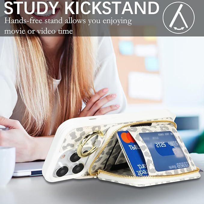 Crossbody Wallet Case for iPhone 14 Pro, PU Leather Zipper Handbag Purse Flip Cover, Kickstand Folio Case with Card Slots Holder Wrist Strap Lanyard 5G 6.1 Inch-White Leopard