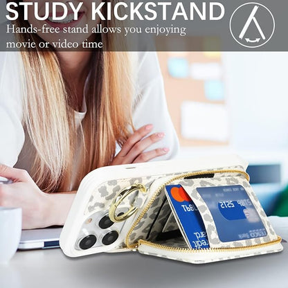 Crossbody Wallet Case for iPhone 14 Pro, PU Leather Zipper Handbag Purse Flip Cover, Kickstand Folio Case with Card Slots Holder Wrist Strap Lanyard 5G 6.1 Inch-White Leopard