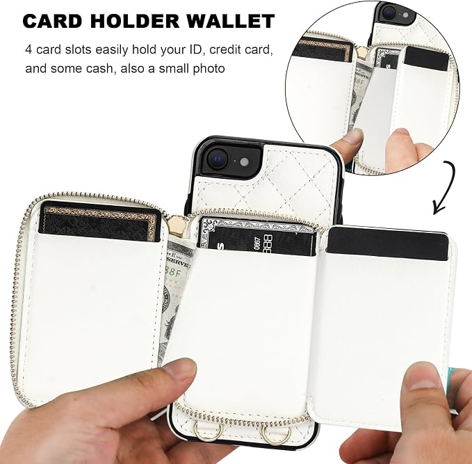 Bocasal Crossbody Wallet Case for iPhone SE 2022/SE 2020/8/7, RFID Blocking PU Leather Zipper Handbag Purse Flip Cover, Kickstand Folio Case with Card Slots Holder Wrist Strap Lanyard 4.7 Inch (White)