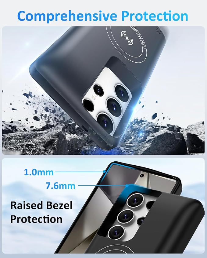 Battery Case for Samsung Galaxy S24 Ultra, 10000mAh Qi Wireless Charging Magnetic Rechargeable Extended Charge Case, Portable Protective Power Bank for Samsung S24 Ultra(6.8") Black