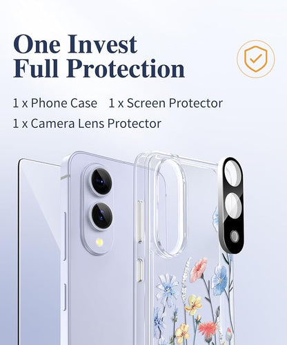 GVIEWIN for Samsung Galaxy S25 Edge Case, Clear Floral Shockproof Protective Women Phone Case, Non-Yellowing, Screen&Camera Lens Protector for Galaxy S25 Edge 6.7",Aconite/Light Blue