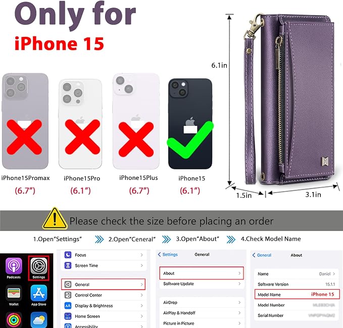Wallet Case for iPhone 15 with Card Holder/Crossbody Wallet/Strap| RFID Blocking | Magnetic | Kickstand | Detachable | PU Leather Phone Case for iPhone 15,6.1 in,Purple