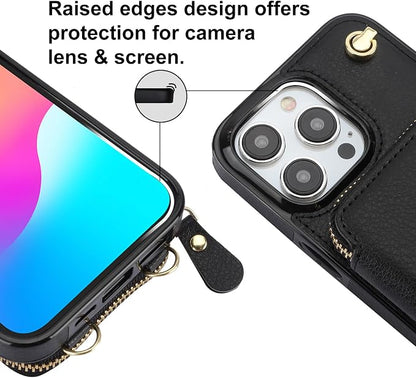 Bocasal Crossbody Wallet Case for iPhone 15 Pro Max, RFID Blocking Leather Purse Case with Card Holder, Protective Handbag Flip Cover with Zipper Wrist Strap Lanyard for Women 5G 6.7 Inch (Black)