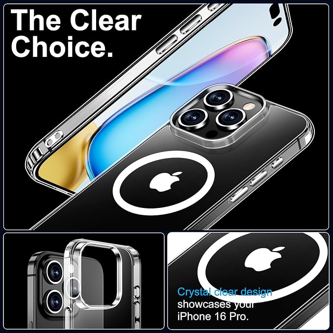 xiwxi for iPhone 16 Pro Case, [Compatible with Magsafe], with Screen Protector+Camera Protector, [Military-Grade Drop Protection], Anti-Yellowing Magnetic Phone Case-Clear