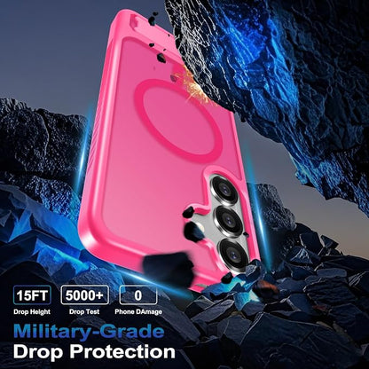 for Samsung Galaxy S25 Plus Case with Screen Protector+Lanyard Wrist Strap,Magnetic Translucent Matte Rugged Slim Phone Cover Built in Invisible Kickstand [Fit for MagSafe],2025 Hot Pink