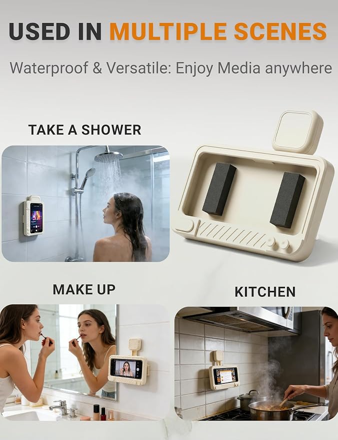 Shower Phone Holder Waterproof 360° Adjustable Rotating, Anti-Fog Touch Screen Wall Mount Phone Stand for Bathroom Mirror Bathtub Kitchen, Fits iPhone 17 16 15 Pro Max for 4-7" Cellphones Beige