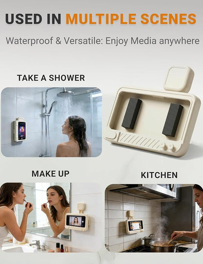 Shower Phone Holder Waterproof 360° Adjustable Rotating, Anti-Fog Touch Screen Wall Mount Phone Stand for Bathroom Mirror Bathtub Kitchen, Fits iPhone 17 16 15 Pro Max for 4-7" Cellphones Beige