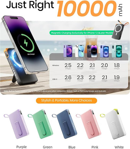 for Magsafe Battery Pack, Magnetic Power Bank with Stand, 10000mAh Wireless Portable Charger Fast Charging with Built in Cable(USB C), Powerbank for iPhone17/16/15/14/13/12 Travel & Daily, Pink